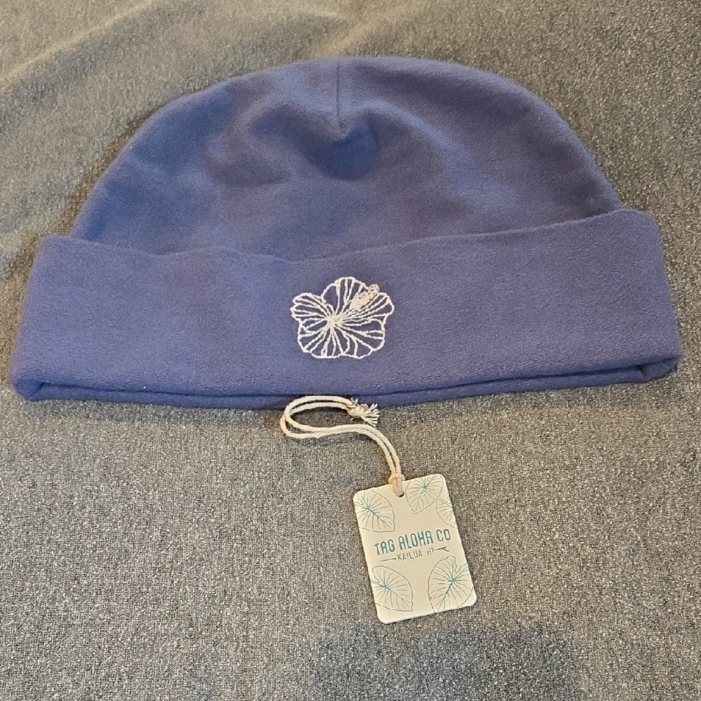 Blue Fleece Beanie Hat with Embroidered Flower